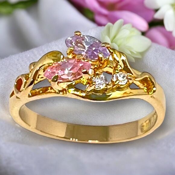 Vintage Ring Size 8 Pink Purple Clear Cubic Zirconia Gold Plate Mid-Century 14L - Picture 2 of 10